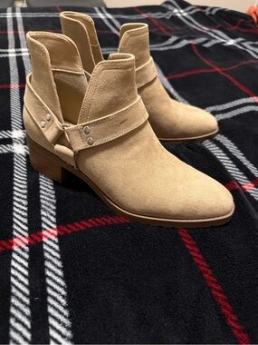 Sonoma Beige Suede Cutout Ankle Booties with Studded Strap